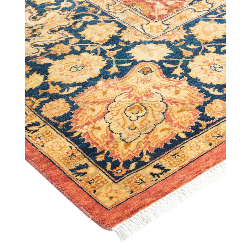 Hand-Knotted Rust and Navy Wool Oriental 8' x 10' Rug