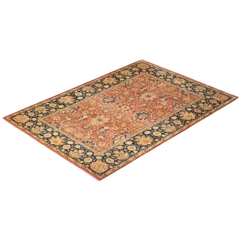 Hand-Knotted Rust and Navy Wool Oriental 8' x 10' Rug
