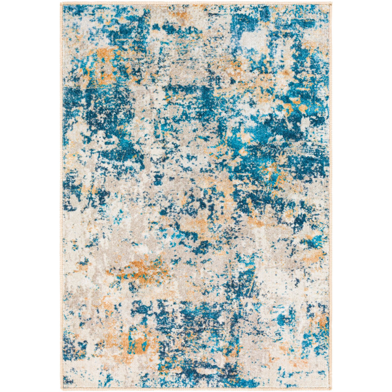 Abstract Blue Synthetic 4'3" x 5'11" Easy Care Rug