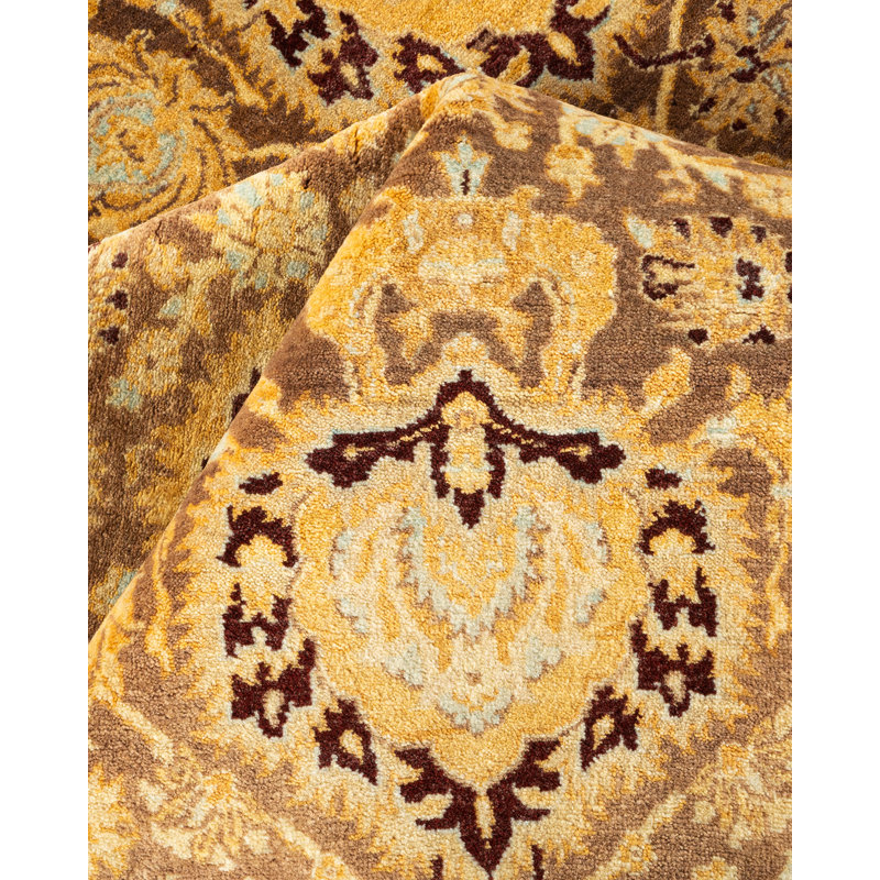 Hand-Knotted Oriental Wool Area Rug in Brown and Gold, 6'2" x 9'1"