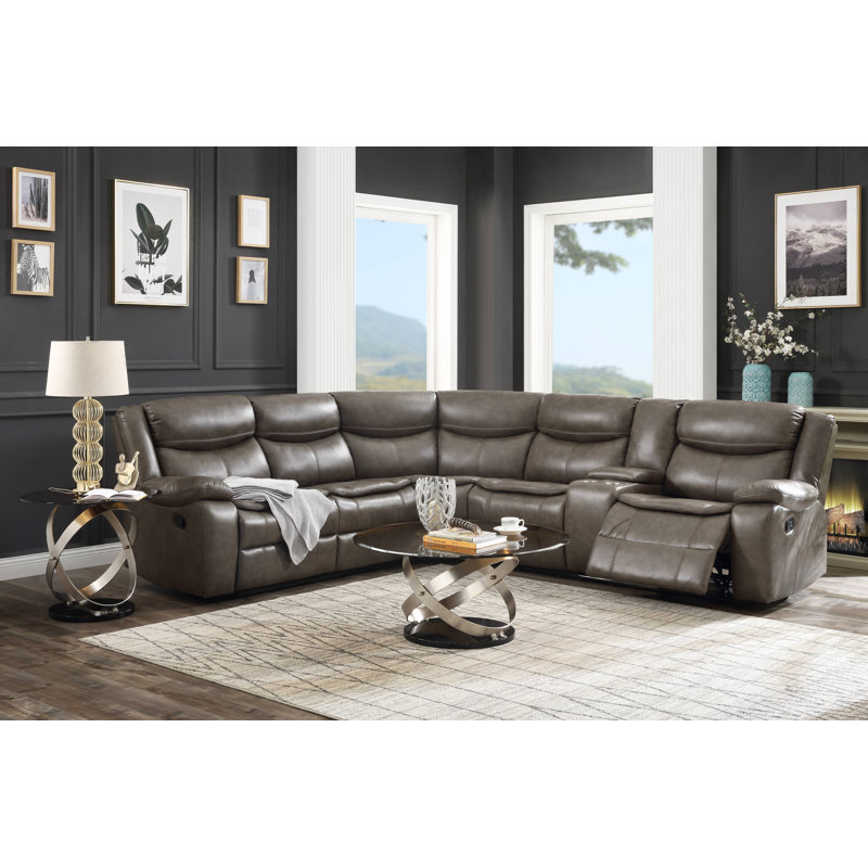 Luxurious Taupe Leather-Aire 3-Piece Tufted Sectional with Cup Holders