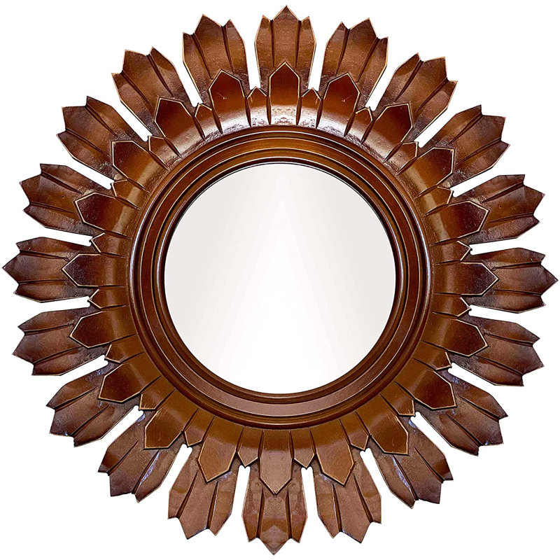 24" Sunburst Golden Brown Hand-Carved Wood Vanity Mirror