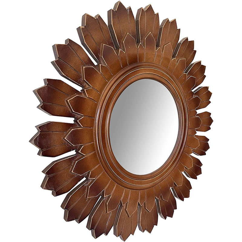 24" Sunburst Golden Brown Hand-Carved Wood Vanity Mirror