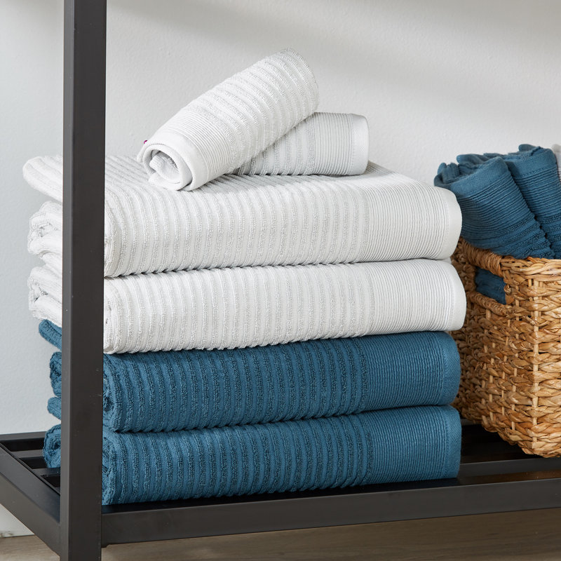 Light Gray and Blue Cotton Ribbed Hand Towels Set