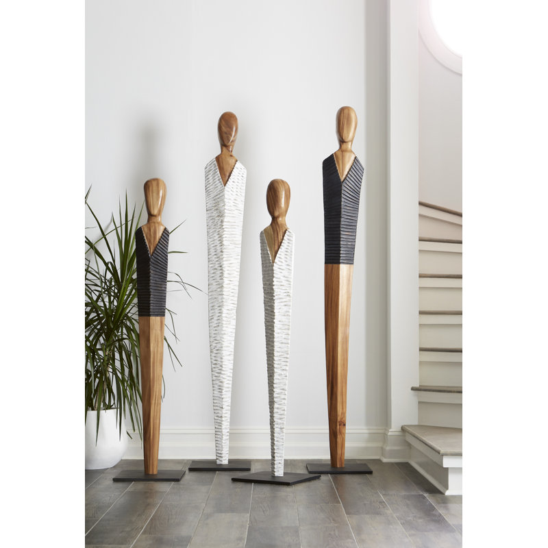 Tall Brown and White Wood Sculpture on Metal Base
