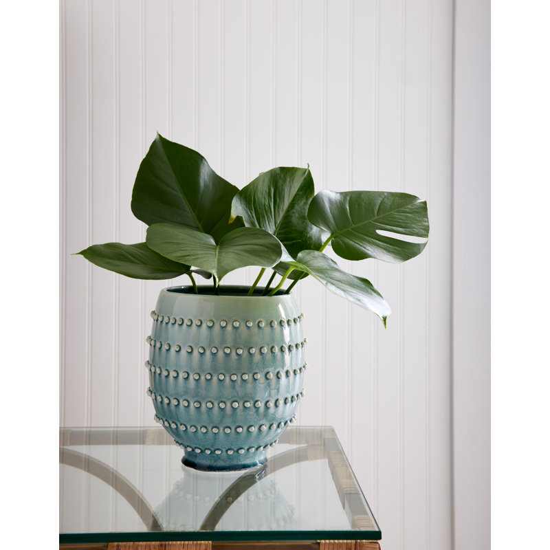 Embossed Teal Ceramic Bouquet Table Vase with Beaded Detail