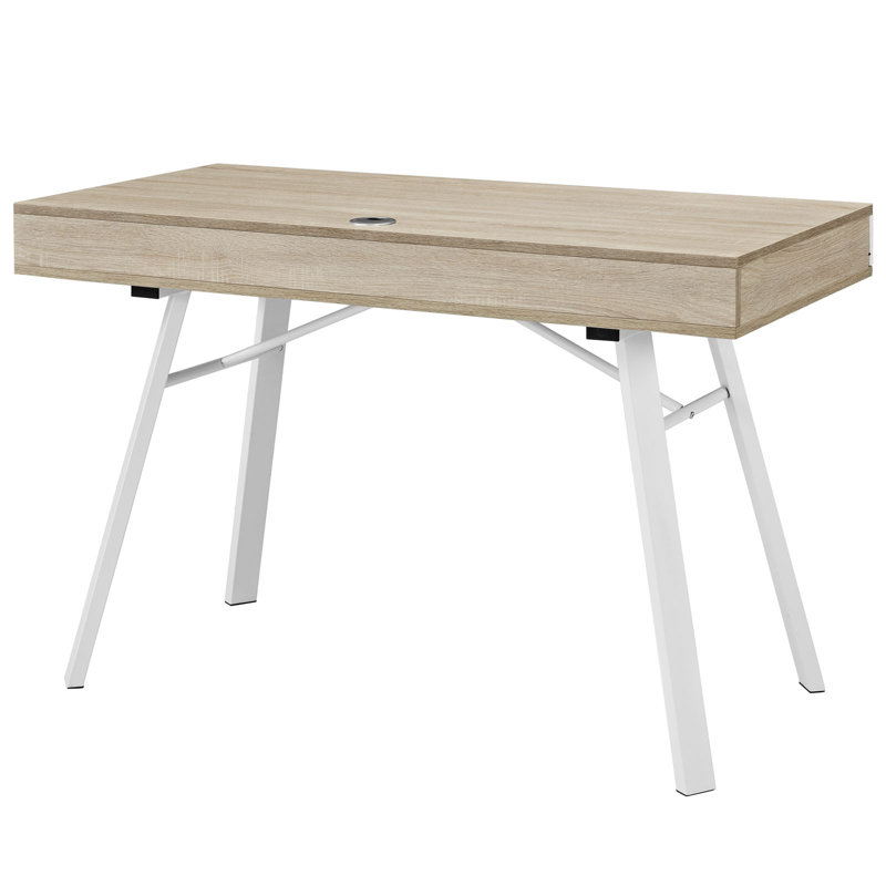 White and Oak Trestle Base Writing Desk with Drawer