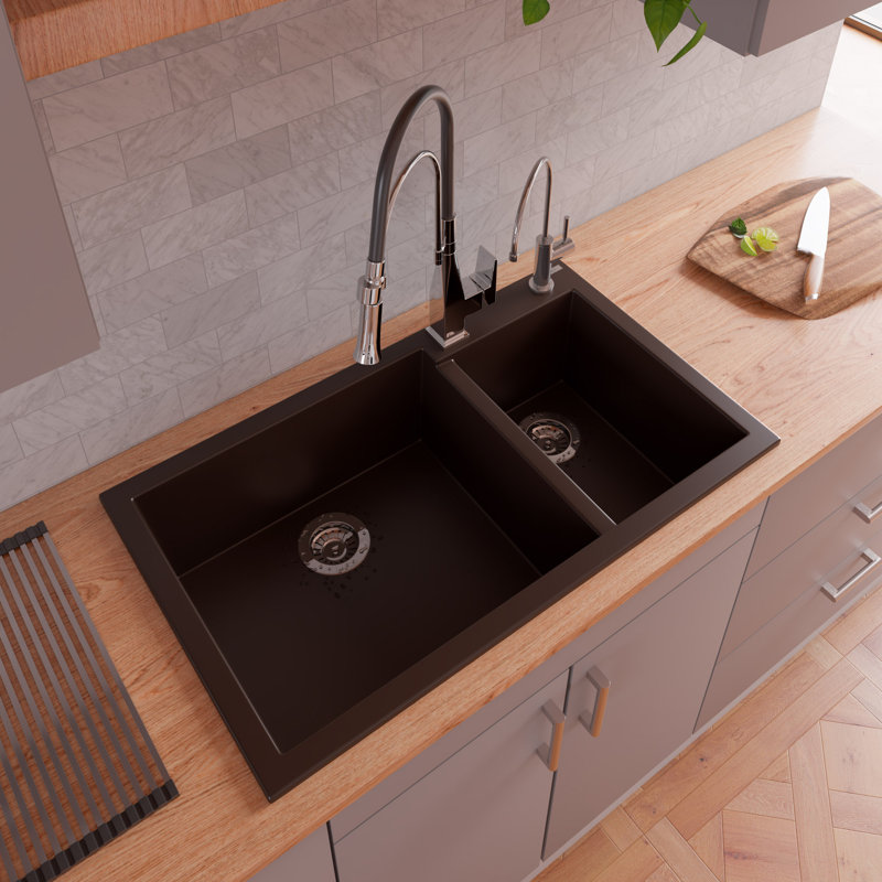 Chocolate Granite Double Bowl Drop-In Kitchen Sink