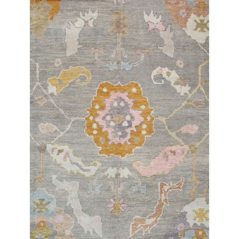 Elegant Oushak Floral Hand-Knotted Wool Rug 10' x 14' in Brown, White, and Yellow