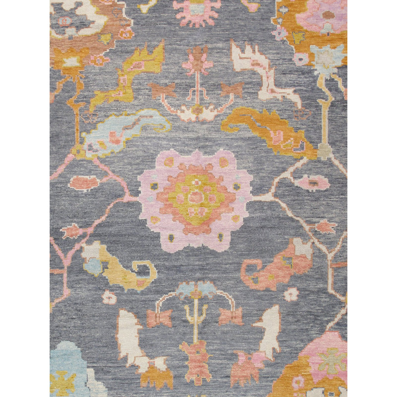 Elegant Oushak Hand-Knotted Gray Wool Area Rug, 11'9" x 15'