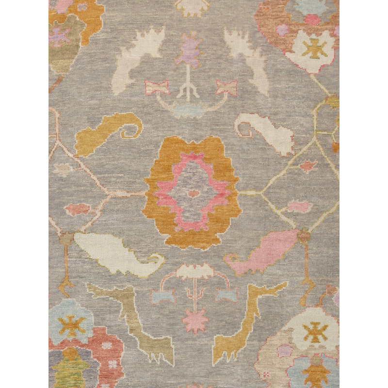 Elegant Taupe Floral Hand-Knotted Wool Rectangular Rug