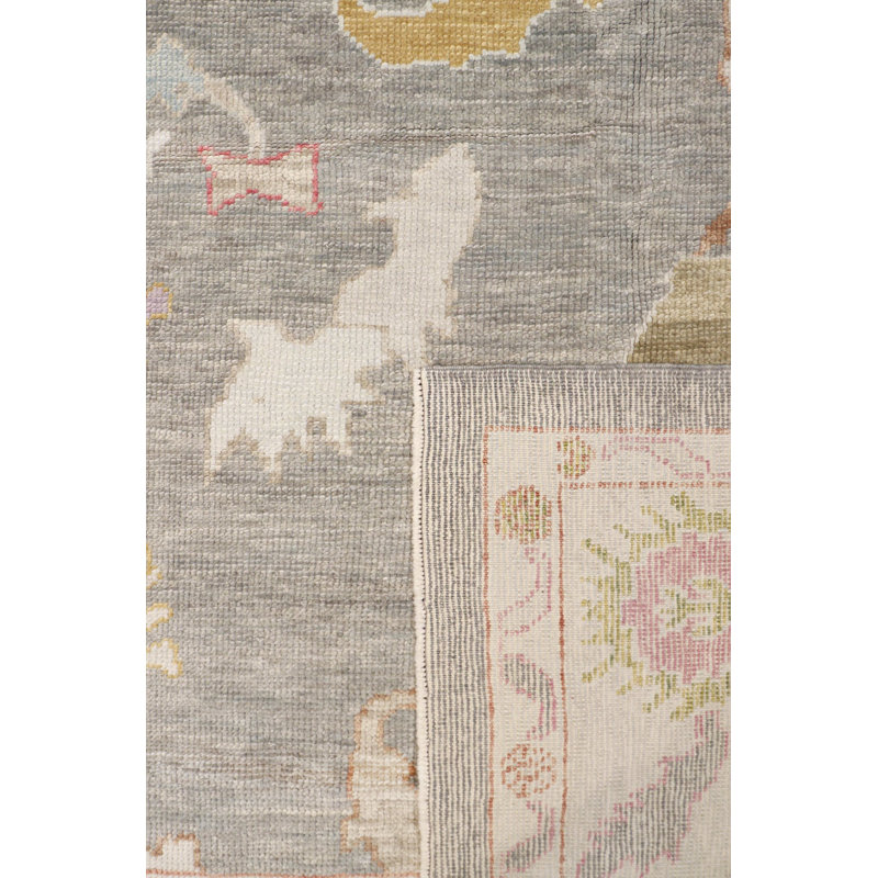 Elegant Taupe Floral Hand-Knotted Wool Rectangular Rug