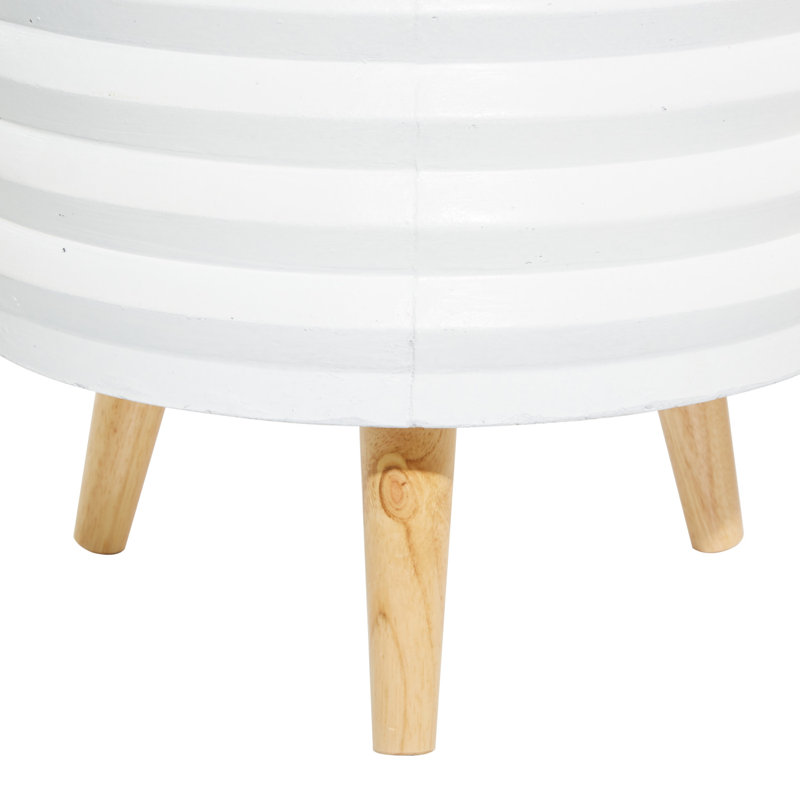 White Magnesium Oxide Round Planter Set with Wood Legs, 14", 16", 18"H