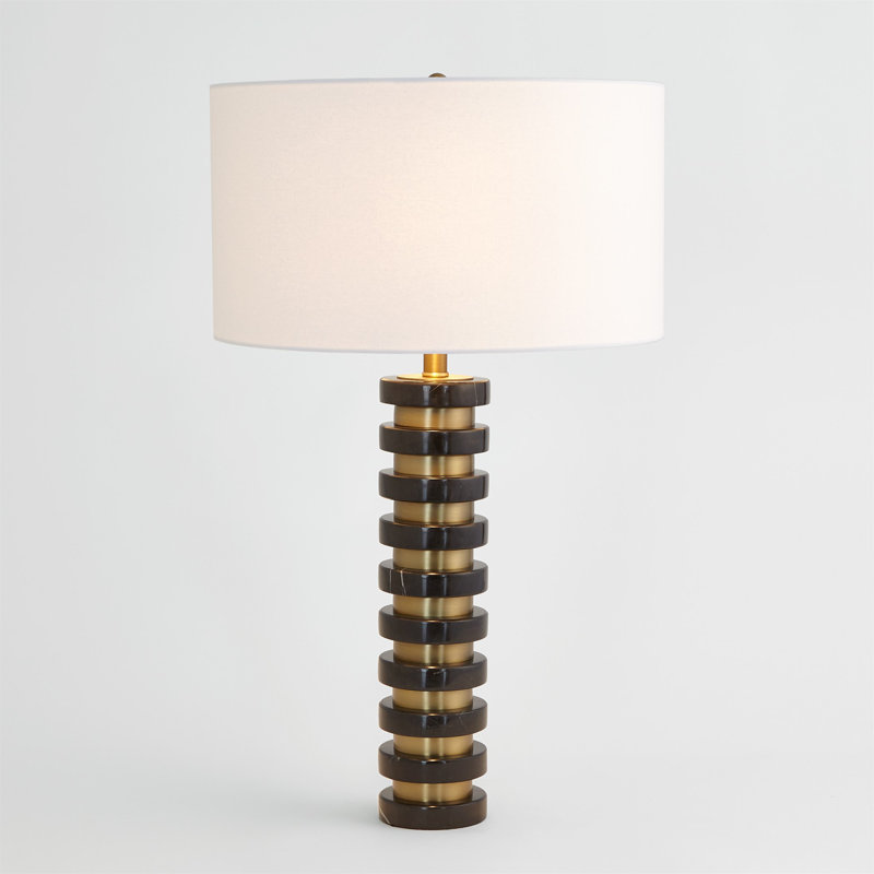 Elegant Black Marble Dual-Pull Chain Table Lamp with White Linen Shade