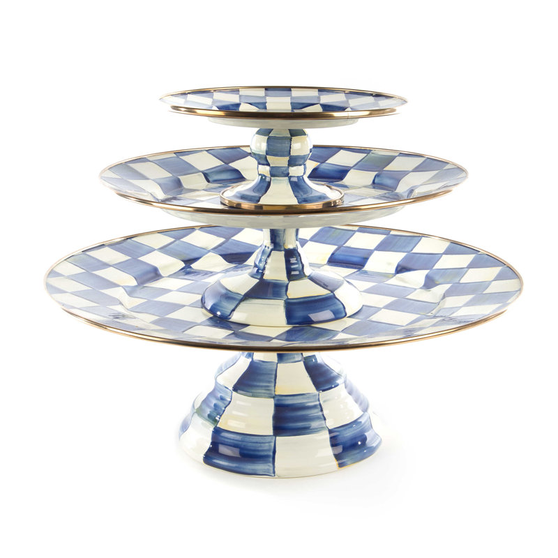 Blue and White Ceramic Tiered Pedestal Platter, 12'' Diameter
