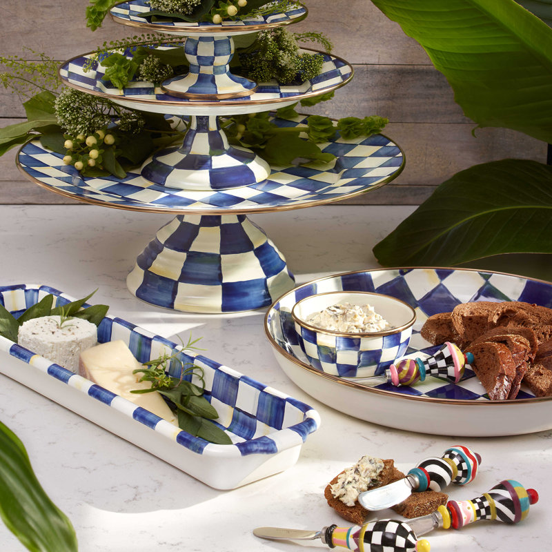 Blue and White Ceramic Tiered Pedestal Platter, 12'' Diameter
