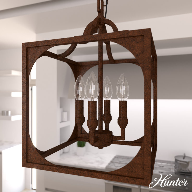 Highland Hill Textured Rust 4-Light Square Lantern Pendant