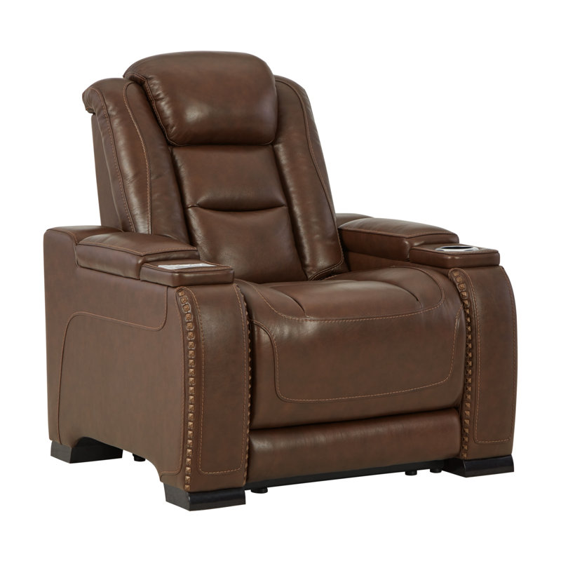 Contemporary Brown Leather Power Recliner with USB Charging