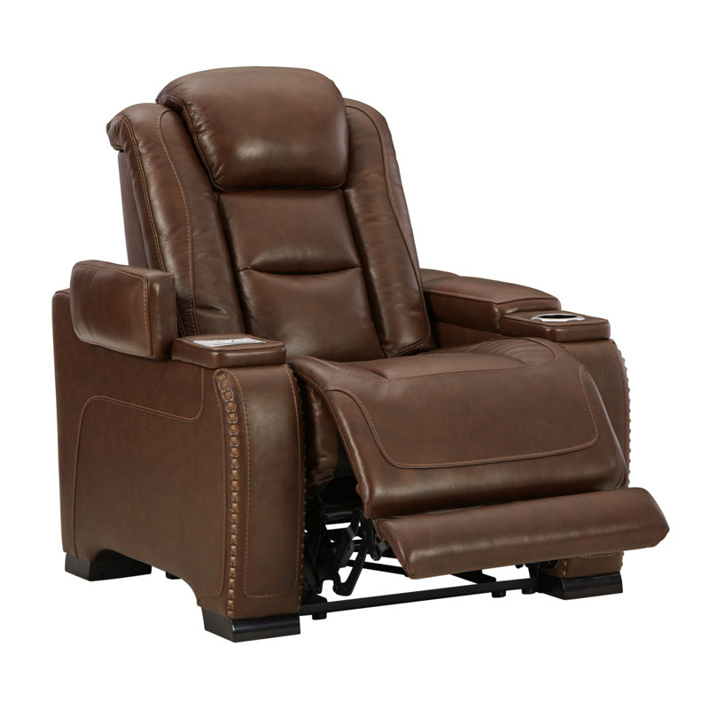 Contemporary Brown Leather Power Recliner with USB Charging