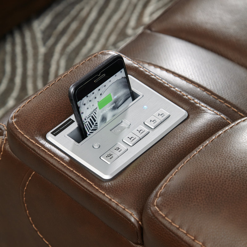 Contemporary Brown Leather Power Recliner with USB Charging