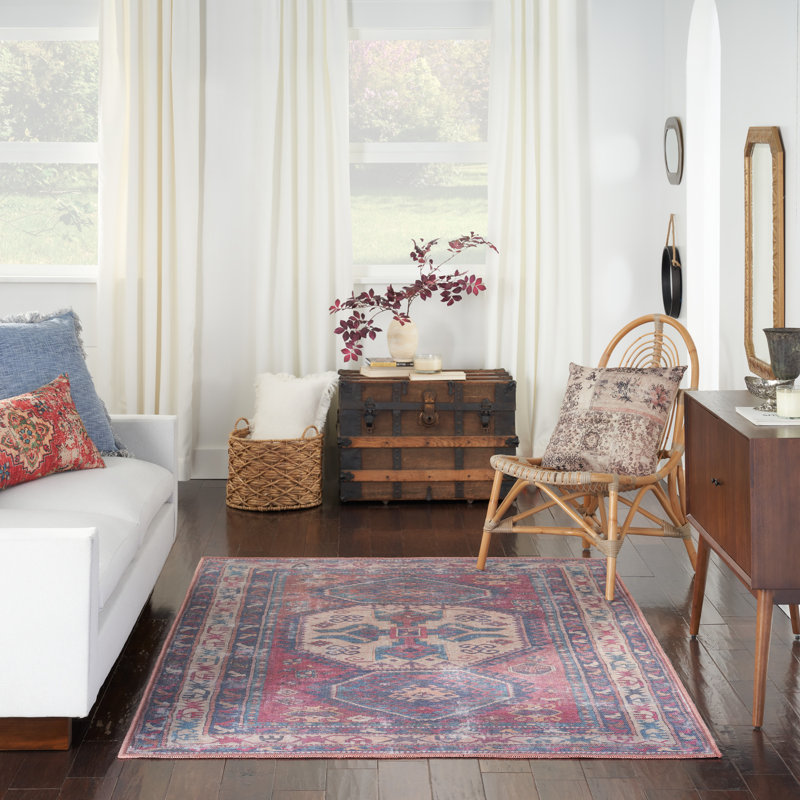 Vintage-Inspired Muted Red Medallion 4' x 6' Washable Rug