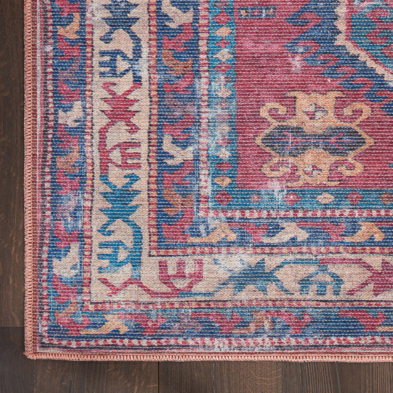 Vintage-Inspired Muted Red Medallion 4' x 6' Washable Rug