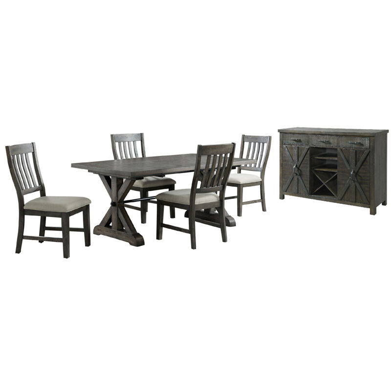Gray Pine and Acacia Wood Extendable Dining Set with Upholstered Chairs