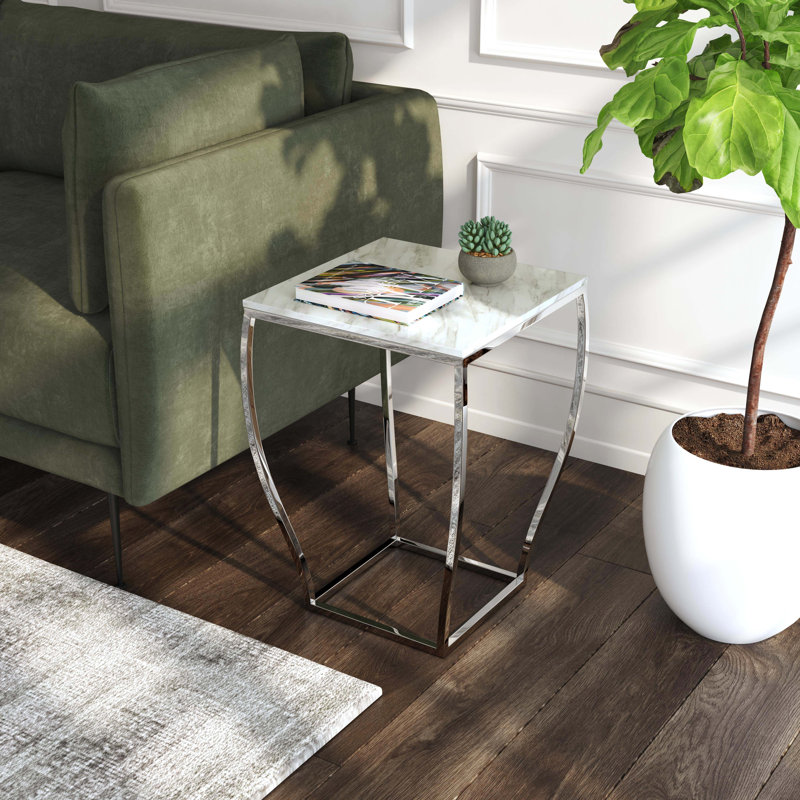 Elegant White Marble & Glossy Metal Geometric Side Table
