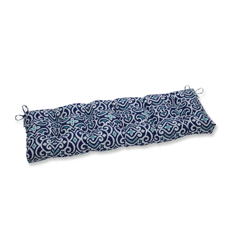 Navy and Turquoise Damask Outdoor Bench Cushion
