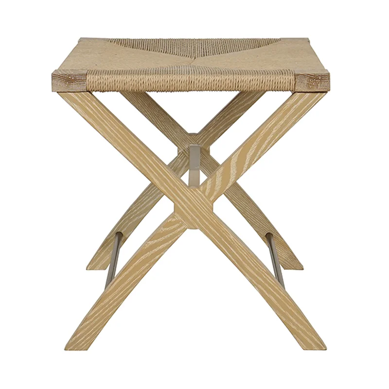Cerused Oak and Beige Woven Rush Accent Stool
