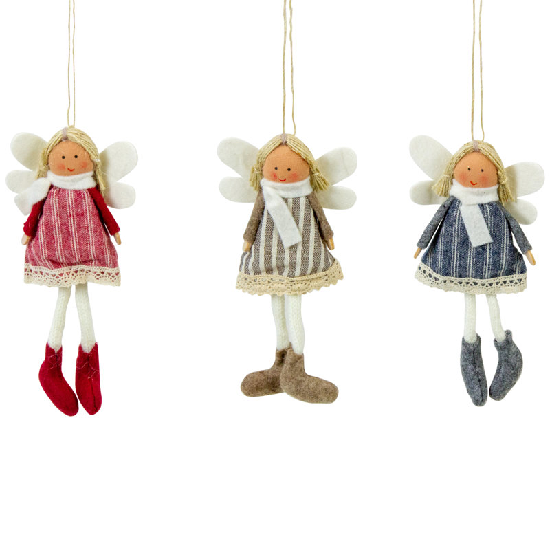 Set of 3 Hanging Angel Doll Christmas Ornaments with Striped Dresses