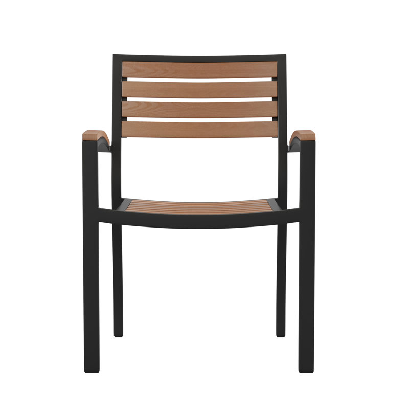 Black Metal and Faux Teak Outdoor Dining Armchair Set