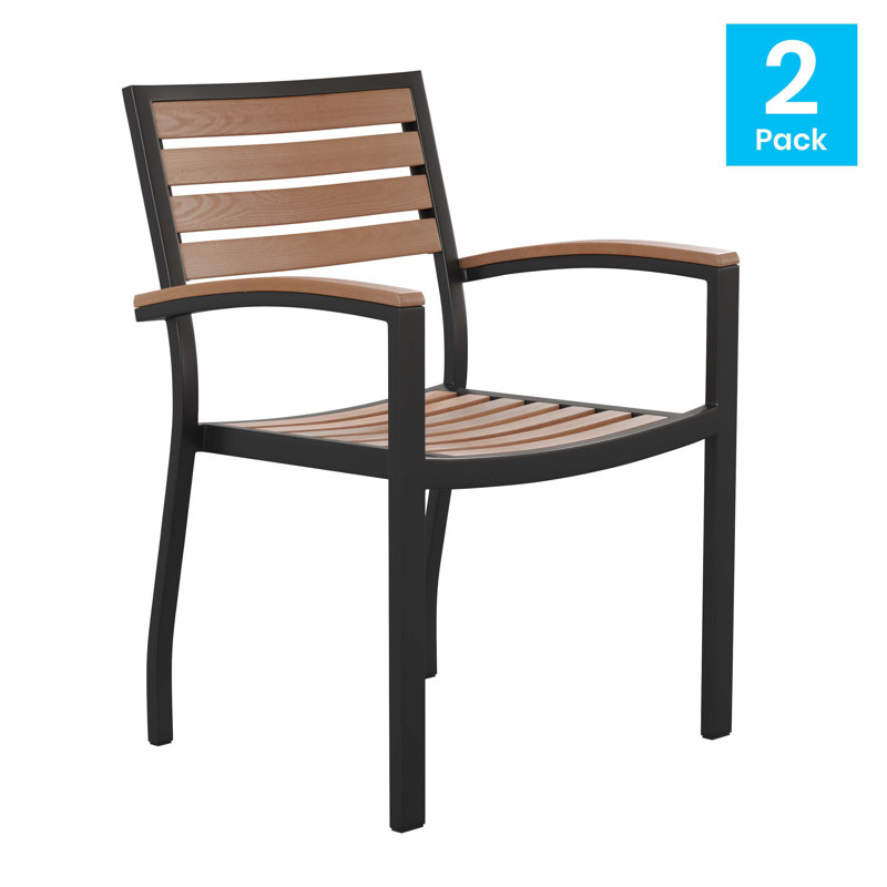 Black Metal and Faux Teak Outdoor Dining Armchair Set