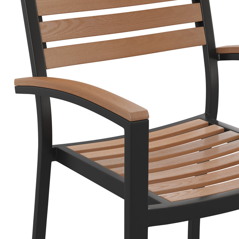Black Metal and Faux Teak Outdoor Dining Armchair Set