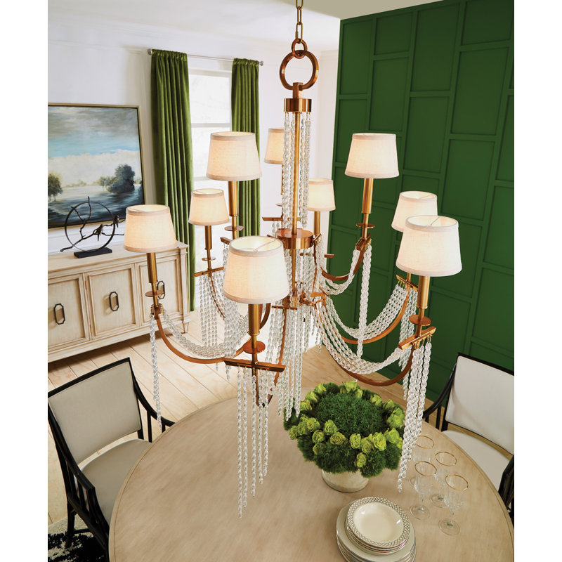 Mackie Antique Brass 9-Light Tiered Chandelier with Ecru Linen Shade