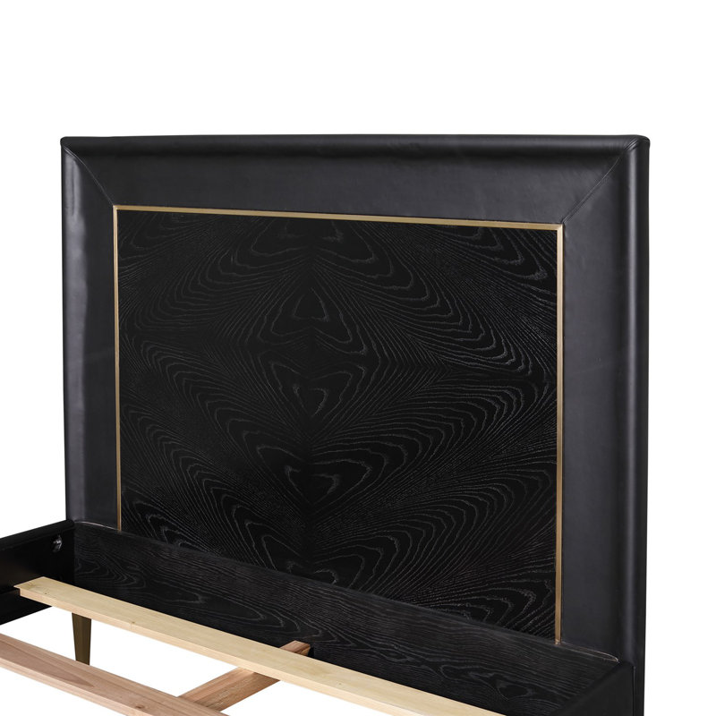 Ellipse Queen Bed with Black Leather Upholstery and Oak Accents