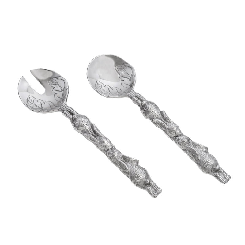 Silver Aluminum Bunny Salad Serving Set with Leaf Design