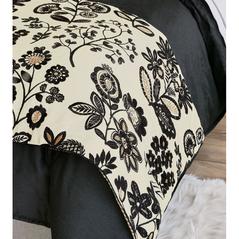 Queen Black and Gold Embroidered Cotton Bed Runner