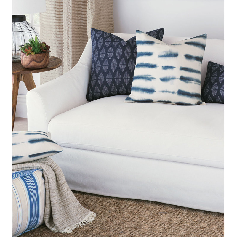 White and Blue Cotton Square Throw Pillow with Zipper Closure