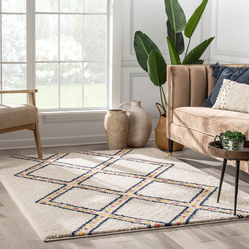 Ivory Geometric Shag Kids Rug, Easy Care Synthetic 8' x 10'