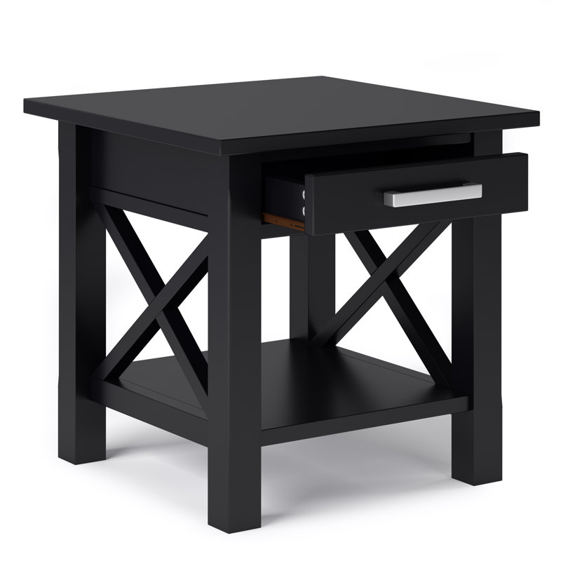 Black Pine Wood End Table with Storage Drawer