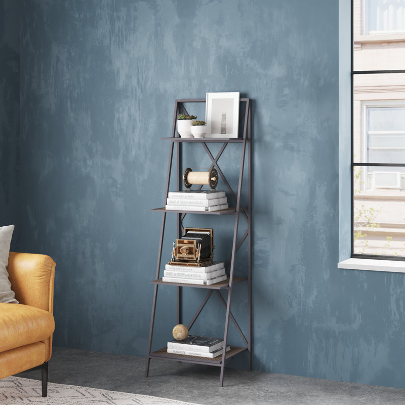 Modern Industrial Black Metal 4-Tier Ladder Bookshelf