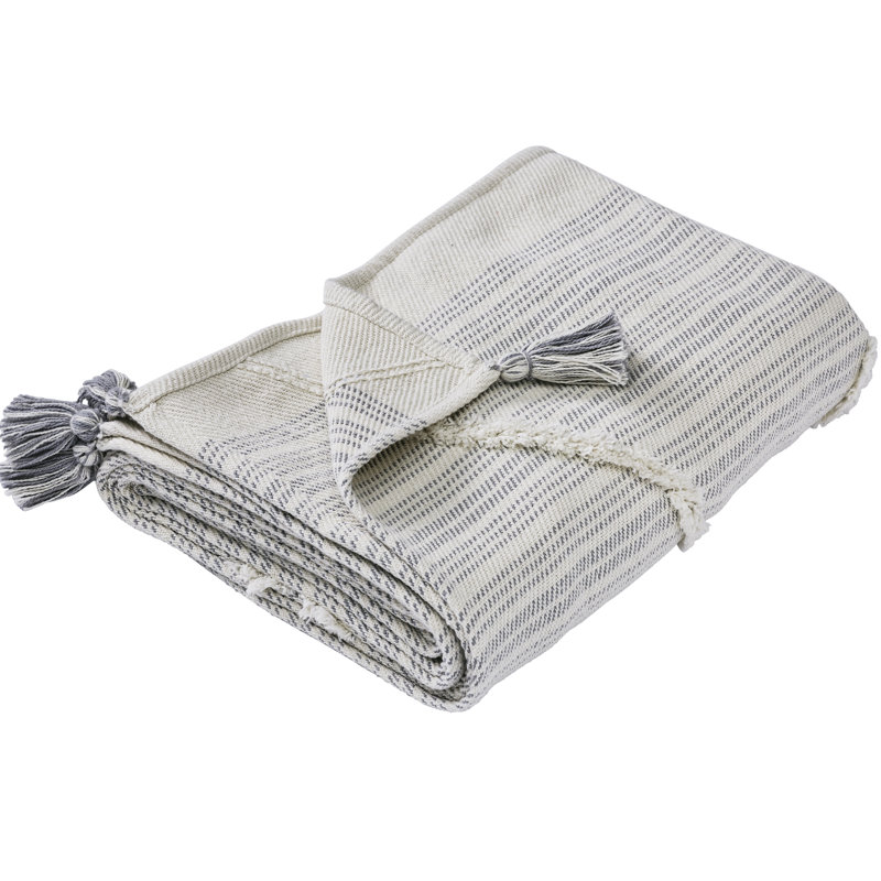 Gray Knitted Cotton Reversible Throw Blanket with Tassels