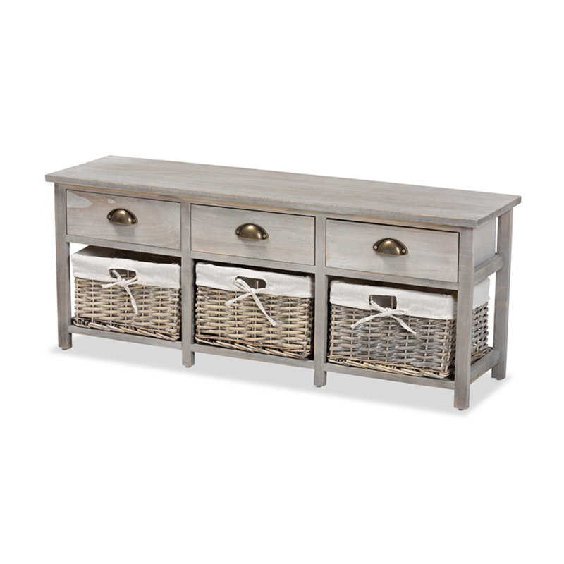 Mabyn Light Grey Wood & Wicker 3-Drawer Storage Bench