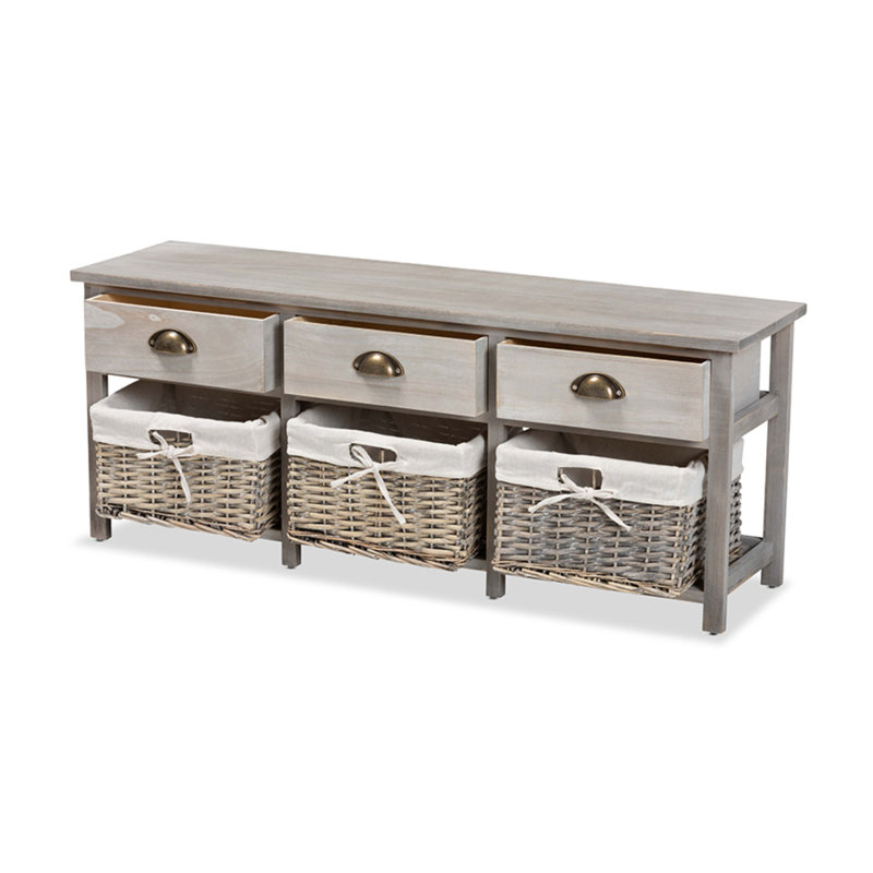 Mabyn Light Grey Wood & Wicker 3-Drawer Storage Bench
