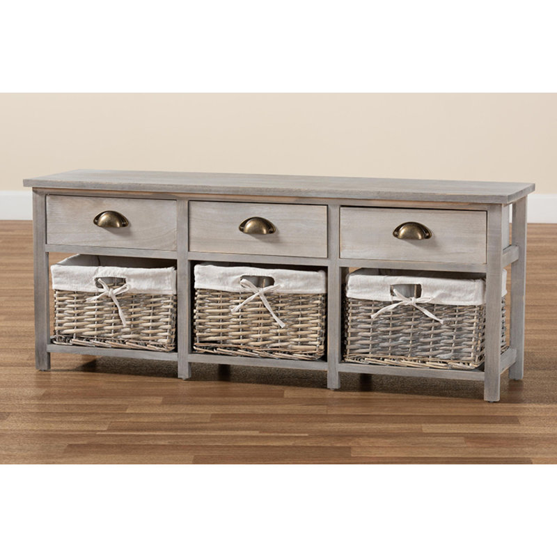 Mabyn Light Grey Wood & Wicker 3-Drawer Storage Bench