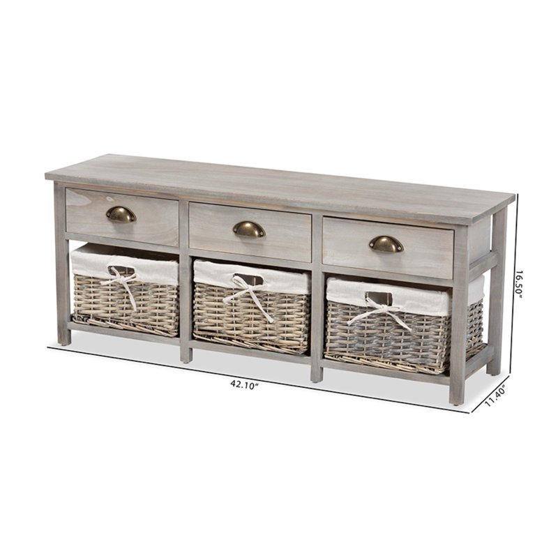 Mabyn Light Grey Wood & Wicker 3-Drawer Storage Bench
