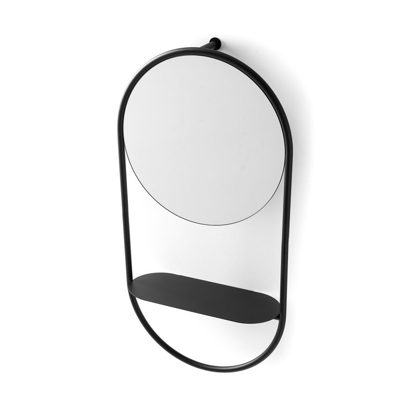 Modern Round Wall-Mounted Mirror with Metal Frame and Storage Shelves