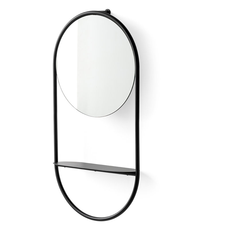 Modern Round Wall-Mounted Mirror with Metal Frame and Storage Shelves