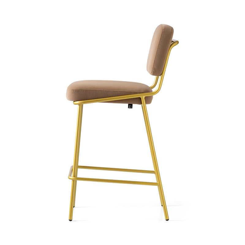 Camel Brown Upholstered Counter Stool with Painted Brass Frame